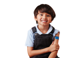 Happiness, portrait and young child with plaster for health security, wellness and safety first aid for medical emergency. Healthcare, injury and Asian kid with bandage on transparent, png background