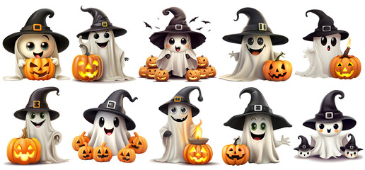 set of halloween ghosts with pumpkin and halloween hat on isolated background, png, generated ai