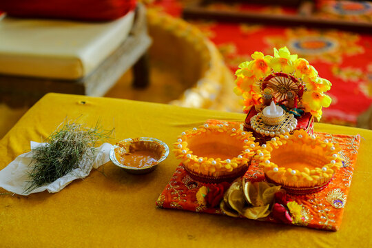 Indian Wedding Essentials at the time of Haldi Ceremony or Pithi Ceremony. Selective Focus is used.