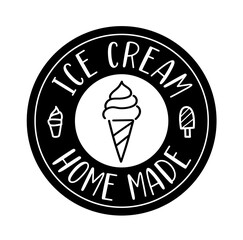 Ice cream logo stamp. Typography, black letters isolated on white background. Vector type illustration. Home made ice cream, labels, stickers and badges stamp. Hand drawn ice cream logo.