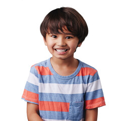 Portrait, smile and children fashion with an indian boy isolated on a transparent background for style. Kids, happy and adorable little child model in a t shirt on PNG for trendy youth clothes © Bharat/peopleimages.com