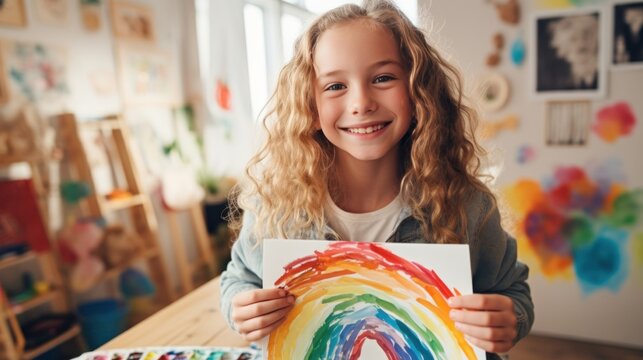 Cute little girl in art school shows her painting.