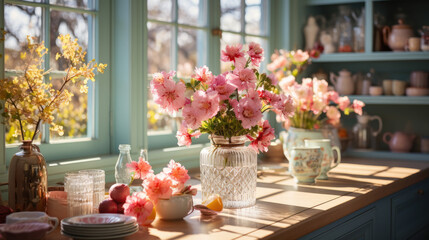 Fototapeta na wymiar A kitchen filled with sunlight in the month of April, adorned with an Easter table embellished with fresh, blooming spring flowers.