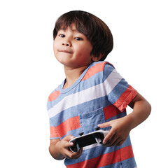 Child, joystick or boy gaming to play online sports isolated on transparent on png background. Controller, fun experience or young male kid gamer with focus for video games or cool future technology © Bharat/peopleimages.com