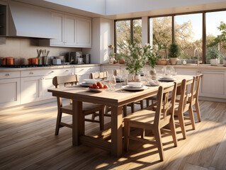 A kitchen with a wooden table and white cabinets.