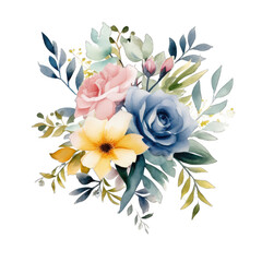 Fototapeta na wymiar Watercolor floral bouquet set - blush pink blue yellow flower green leaf leaves branches bouquet collection isolated on a transparent background.