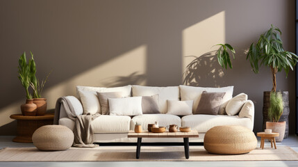 Fototapeta na wymiar A living room with ample blank area, featuring a beige sofa, a small table, a vase with a leaf, a pouf, stylish decorations, and a textured boucle rug. The wall is painted in a soothing beige color 