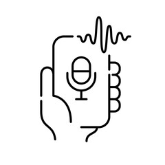 Voice recognition artificial intelligence technology. Hand holding a smartphone with app. Pixel perfect, editable stroke icon