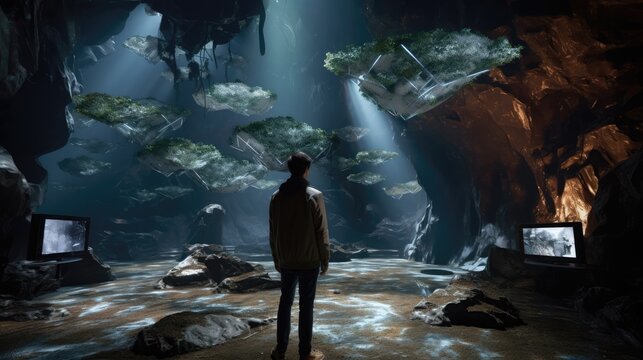 A Cave Environment. In which people stand in a virtual environment to see the interior of a building model. Virtual Reality.