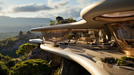 A terrace view of an ultra-futuristic cliff villa.