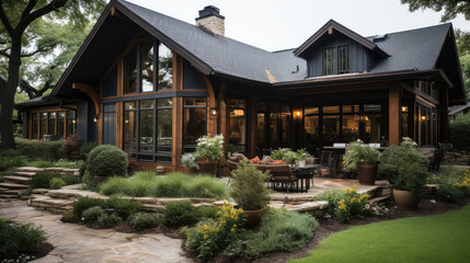 A typical American house designed in the ranch style.
