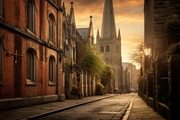 Fototapeta premium Cathedral amidst city alley in Dublin, Ireland. Generative AI