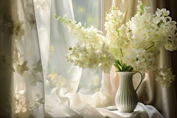 A vase of lovely white flowers accented by sheer curtains and bathed in soft natural light. Generative AI
