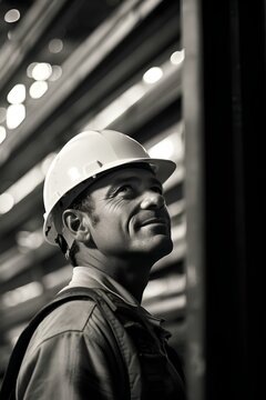 portrait of a worker in a reflective vest and hardhat, framed by steel beams in soft grayscale. Concept of professional industrial workforce in modern construction industry. generative AI