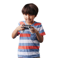 Child, controller or boy gaming to play online sports isolated on transparent on png background. Joystick, fun experience or young male kid gamer with focus for video games or cool future technology © Bharat/peopleimages.com