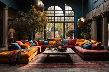bohemian design, a living room with blue couches and coloured rugs, in the style of crimson and bronze, italianate flair, green and crimson. Loft interior design of modern living room.