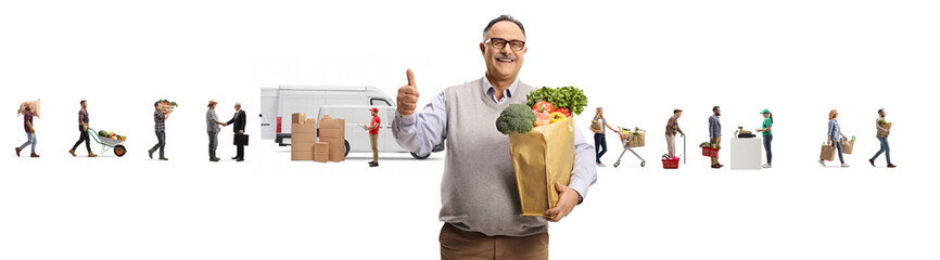 Man with a grocery bag gesturing thumbs up and food supply chain from farm to the market