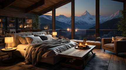 comfortable cocooning bed in winter in a wooden chalet in the mountains
