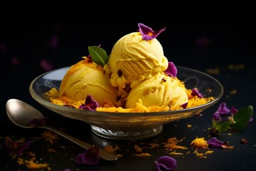 Delicious saffron ice cream displayed on a dark backdrop. Generative AI