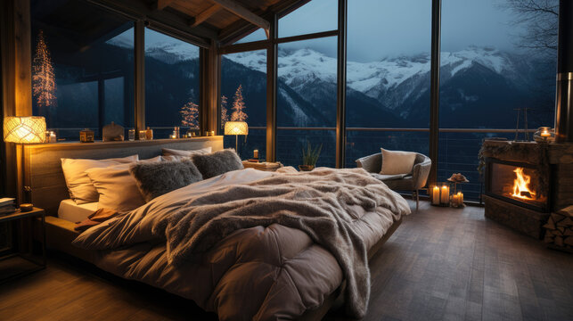 comfortable cocooning bed in winter in a wooden chalet in the mountains
