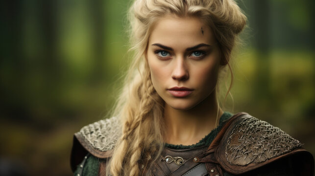 A fierce female viking warrior looking into the camera, ready for battle. Generated AI.