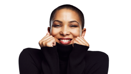 Woman, portrait and sweater with hands on face for winter fashion isolated transparent, png background. Shy and happy african person or model hiding in jersey for secret, soft knitwear and clothes
