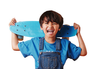 Skateboard, happy and portrait of boy child with casual, cool and trendy outfit for fun. Smile, excited and cute Asian kid model or skater with adorable style isolated by transparent png background. © Bharat/peopleimages.com