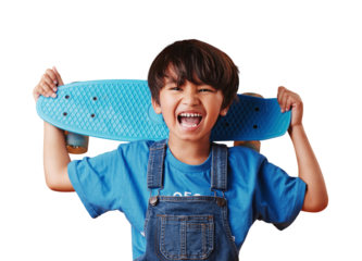 Skateboard, happy and portrait of boy child with casual, cool and trendy outfit for fun. Smile, excited and cute Asian kid model or skater with adorable style isolated by transparent png background.