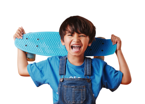 Skateboard, happy and portrait of boy child with casual, cool and trendy outfit for fun. Smile, excited and cute Asian kid model or skater with adorable style isolated by transparent png background.