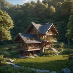 Fototapeta na wymiar wooden house in the mountains