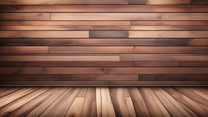 a wooden wall and floor that creates a cozy and rustic atmosphere. The wall has horizontal planks of different shades of brown, and the floor has radial planks that form a circular pattern.