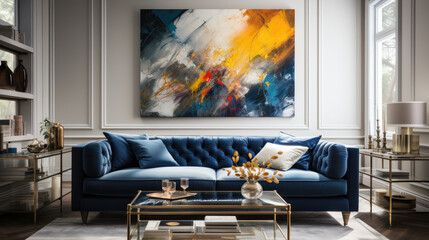 Interior Design Crisp White Walls With Navy Blue Velvet Sofa
