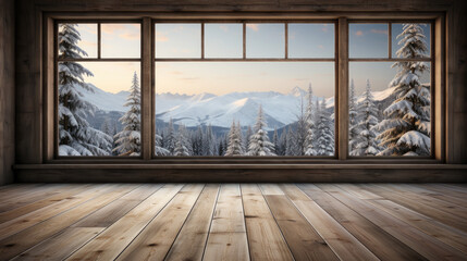 Empty room with wooden floor and window with winter view, fir trees in snow