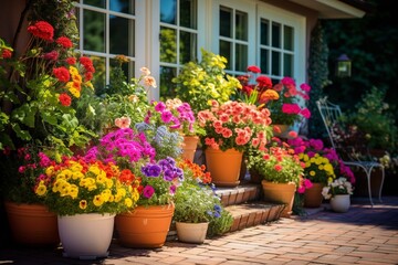 Beautiful patio garden with vibrant flower-filled containers, showcasing creative container gardening and flower display concepts. Generative AI