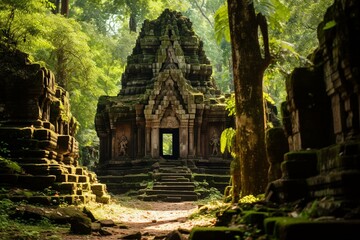 Image of ancient Hindu temple ruins surrounded by dense forest. Generative AI