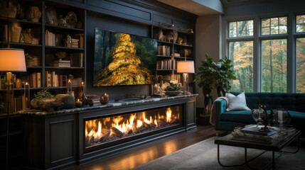 Front view of a gas fireplace with a tv on top, a built-in library on each side with led lightning