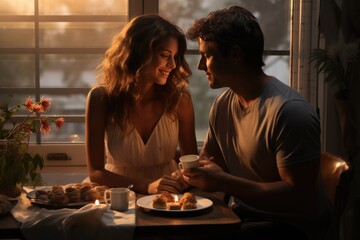 A husband in love brings his wife breakfast - obrazy, fototapety, plakaty