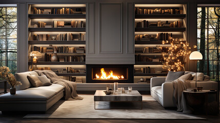 Front view of a gas fireplace with a tv on top, a built-in library on each side with led lightning