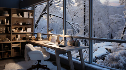 Working behind the laptop, gazing at the winter view outside