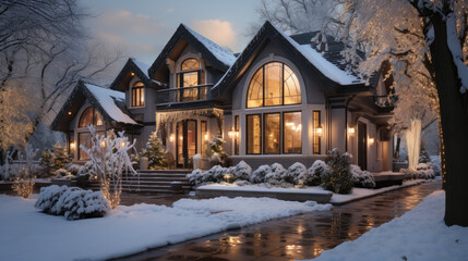 house exterior christmas decorations in the snow
 - obrazy, fototapety, plakaty