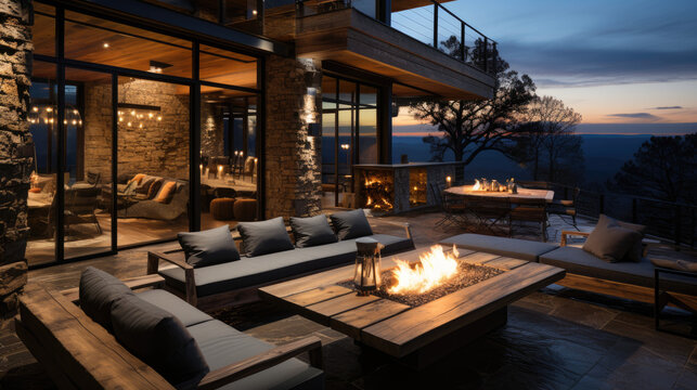 In the evening, the exterior of the beautiful chalet cider home is enhanced with new outdoor furniture designed specifically for this space.