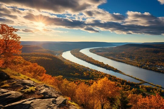 Scenic view of Connecticut River in autumn from Mt Sugarloaf. Generative AI