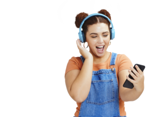 Happy woman, phone and headphones listening to podcast isolated on a transparent PNG background. Female person, gen z or model smile with smartphone and headset in audio streaming, sound app or music