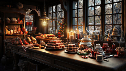 Fototapeta premium kitchen on christmas morning with presents, decoration and christmas cookies