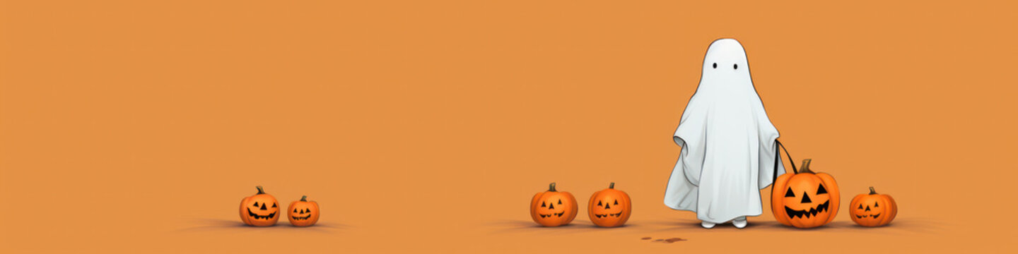 Cute ghost carries a pumpkin for Halloween celebration. Banner