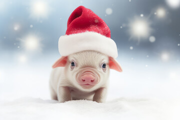 New Year animal concept, a pet during the Christmas winter holidays. The holidays are coming, a cute little pig dressed as Santa brings gifts to good children.