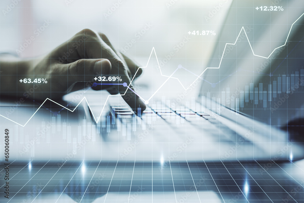 Aufkleber multi exposure of abstract financial diagram with hand typing on computer keyboard on background, ba