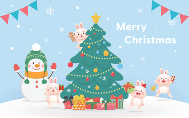 Christmas greeting card, cute rabbit and snowman character mascot or friends happy celebration, Christmas tree and gift box, Happy Christmas and New Year, vector cartoon style