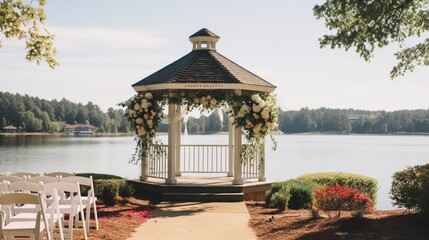 a lakeside wedding ceremony, with a charming gazebo, tranquil waters, and a sense of serenity that adds to the significance of exchanging vows