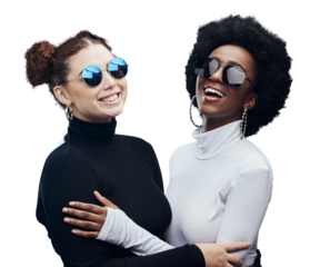 Fashion, girl friends with sunglasses and smile isolated on transparent png background for beauty, luxury and diversity. Portrait, designer brand glasses and women with happy face, frame and style.